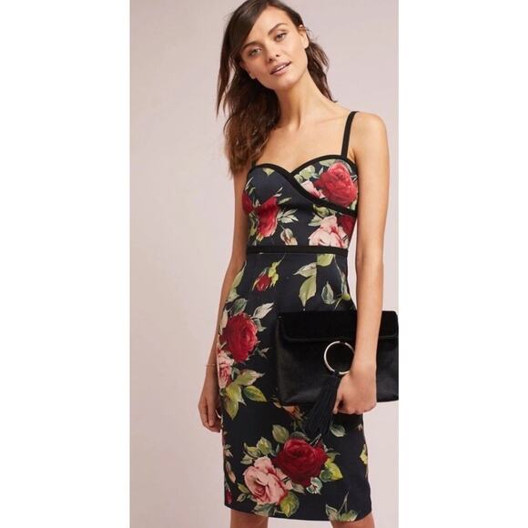 BLACK HALO X Anthropologie Daria Black Floral Adj Strap Sheath Size 8 MIDI Dress - Picture 1 of 11